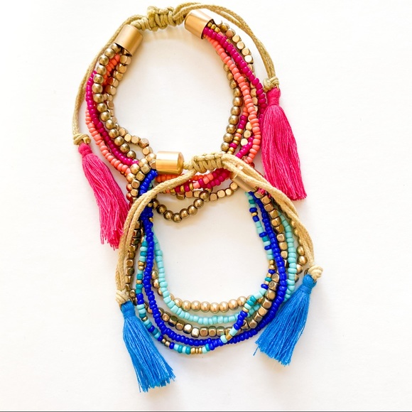 Jewelry - NWOT Beaded Boho Bracelets Blue Pink Gold Tassel
